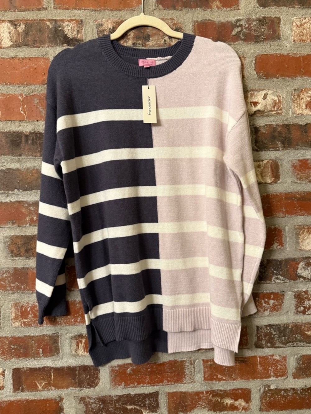 T75 - Francesca's Collections Gray and Light Pink Striped Crewneck Sweater